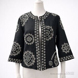 David Brooks Petite L Black Silk Linen Embroidered Open Jacket Vintage